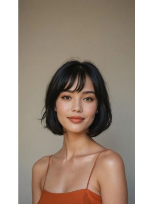 Echthaar Perücke Kurz Bob mit Pony – Maschinengefertigt, Schwarz, Natürlich Fallend & Leicht Gestuft, Weich und Atmungsaktiv, Realistischer Look für Damen