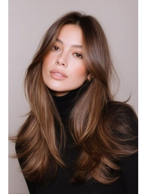 Maschinengefertigte Echthaar Perücke Damen Lang Braun Natürlich Glatt Gestuft Real Hair Wig Natürliches Volumen