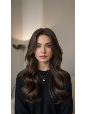 Lace Front Echthaar Perücke Damen Lang Dunkelbraun Wellig Natürlich Real Hair Wig mit Natürlichem Haaransatz
