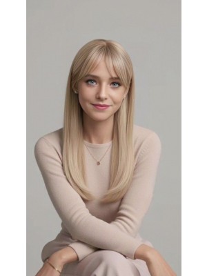 Lace Front Echthaar Perücke Damen Lang Blond Glatt mit Pony Real Hair Wig Natürlicher Haaransatz