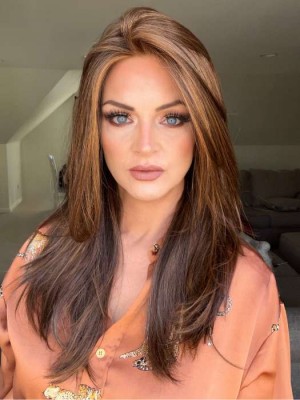Lace Front Echthaarperücke Lang Braun mit Highlights – Natürlich Fallend, 100% Human Hair Wig für Damen