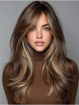 Premium Echthaar Perücke Damen Braun Lang – Natürlich Wellig, Highlights, Maschinengefertigt, Remy Human Hair