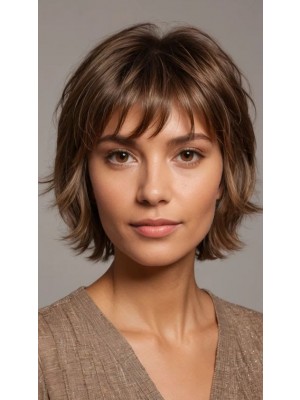 Kurze Bob Perücke aus Echthaar mit Pony – Natürliches Braun, Maschinengefertigte Damenperücke, Layered Cut, Alltagslook, Real Hair Wig