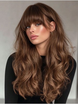 Lace Front Echthaar Perücke Lang Wellig mit Pony – 100% Echthaar Damenperücke, HD Transparent Lace, Natürliches Braun, Voluminöse Locken, Real Human Hair Wig