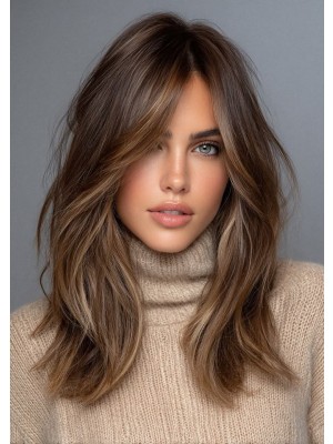 Luxus HD Front Lace Echthaar Perücke mit Balayage Highlights – Mittellange Stufige Damenperücke in Kühlem Aschbraun, 100% Human Hair, Natürlicher Fall & Elegantes Volumen