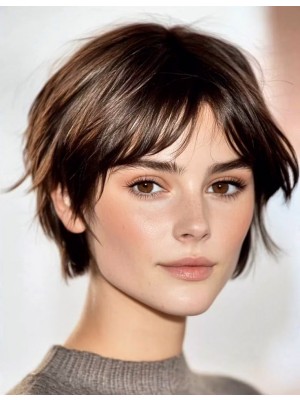 Premium 100% Echthaar Kurzhaarperücke Damen – Pixie Cut mit Pony | Dunkelbraun | Maschinengefertigt | Natürlich, Weich & Atmungsaktiv | Für Alltag, Party und Reisen