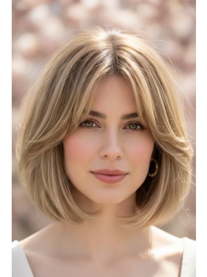 Lace Front Echthaarperücke Long Bob mit Curtain Bangs – Blonde Damenperücke aus 100% Echthaar Natürlich & Glatt