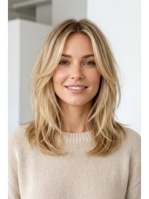 Lace Front Echthaarperücke Mittellang Gestuft mit Curtain Bangs – Blonde Damenperücke aus 100 % Echthaar