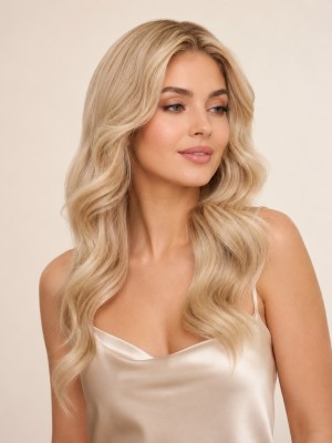 22 Zoll Champagner-Beigeblonde Echthaarperücke für Damen mit Lace Front und weichen Wellen