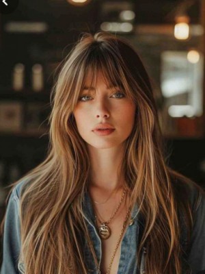 Damen Echthaarperücke Hellbraun mit Goldblonden Strähnen & Pony – Lan