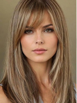 Maschinell Gefertigte Echthaarperücke in Hellbraun mit Blond-Highlights und Pony – Natürlicher Glanz