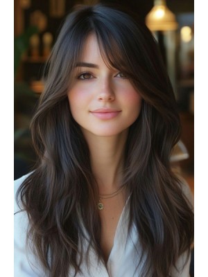 Vorderlace Echthaar lace front perücke – Lange Glatte Perücke mit Pony, Dunkelbraun Natürlich