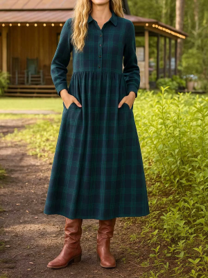 Damenkleid mit Karomuster, Hemdkragen, langen Ärmeln, lässig, mit Taschen, locker geschnitten