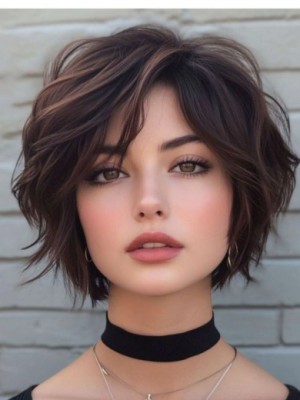 Kurze Gewellte Echthaarperücke für Damen – Natürlicher Braun Bob mit Seitenscheitel