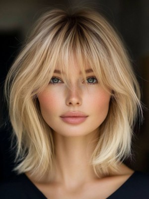 Mittellange Blonde Echthaarperücke für Damen – Glatte Bob Perücke mit 