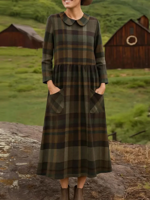 Damenkleid mit Karomuster, Peter-Pan-Kragen, langen Ärmeln, lässig und locker geschnitten