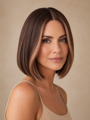 Front Lace Echthaarperücke Damen 100% Remy Echthaar – Glatter Bob in Dunkelbraun mit Caramel Highlights, Mittelscheitel, Natürlicher Haaransatz