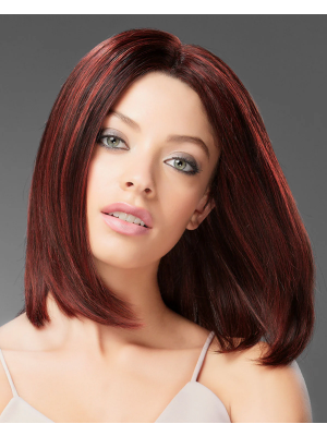 Burgunderrote Lace-Front Echthaarperücke – Glatter Bob, Mittelscheitel, Natürliches Volumen, Hitzebeständig & Handgeknüpft