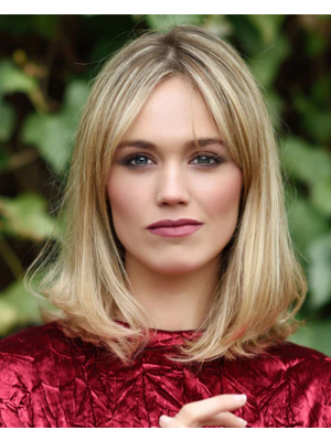 Vorderlace Echthaarperücke mit Pony – Mittellang & Natürlich Blond | 100 % Menschenhaar 