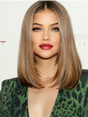  Mittellange glatte Lace Front Perücke in Goldbraun – Echthaar Bob mit Mittelscheitel für Damen