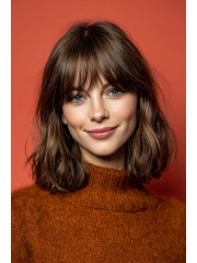 Echthaar Perücke Schulterlanger Bob mit Pony – Maschinengefertigt, Mittelbraun mit Natürlichem Glanz, Leicht Gewellt & Stufig, Weich, Atmungsaktiv und Alltagstauglich für Damen