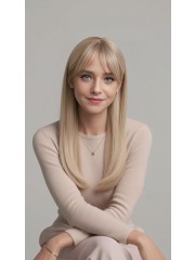 Lace Front Echthaar Perücke Damen Lang Blond Glatt mit Pony Real Hair Wig Natürlicher Haaransatz