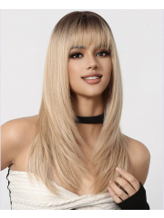 Realistische Front Lace Echthaar Perücke Blond – Lang Glatt mit Pony, Weich & Seidig, Natürliche Haarlinie