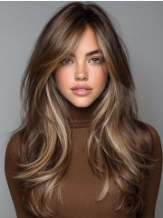 Premium Echthaar Perücke Damen Braun Lang – Natürlich Wellig, Highlights, Maschinengefertigt, Remy Human Hair