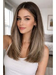 Echthaar Perücke Damen Lace Front – Lange Glatte Balayage Perücke mit Natürlichem Haaransatz, Mittelscheitel, Front Lace Wig aus Echtem Menschenhaar