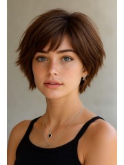 Premium Echthaarperücke Damen Kurz Braun – Moderner Pixie Bob mit Weichem Pony, Natürliches Volumen und Realistischer Look