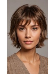 Kurze Bob Perücke aus Echthaar mit Pony – Natürliches Braun, Maschinengefertigte Damenperücke, Layered Cut, Alltagslook, Real Hair Wig