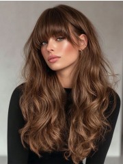 Lace Front Echthaar Perücke Lang Wellig mit Pony – 100% Echthaar Damenperücke, HD Transparent Lace, Natürliches Braun, Voluminöse Locken, Real Human Hair Wig