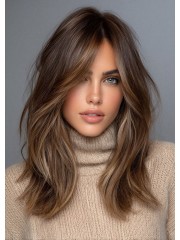Luxus HD Front Lace Echthaar Perücke mit Balayage Highlights – Mittellange Stufige Damenperücke in Kühlem Aschbraun, 100% Human Hair, Natürlicher Fall & Elegantes Volumen