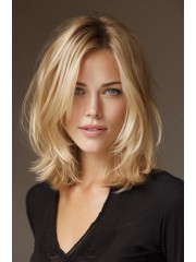100% Remy Echthaar Perücke Damen Maschinengefertigt – Long Bob Hellblond, Schulterlang, Stufig, Natürliches Volumen, Seitenscheitel