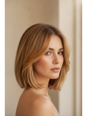 Maschinengefertigte Echthaar Perücke Damen – 100% Remy Echthaar, Bob Perücke Caramel Braun, Schulterlang, Natürliches Volumen, Pflegeleicht, Alltag & Beruf