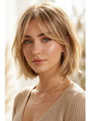Lace Front Echthaarperücke French Bob mit Curtain Bangs – Blonde Damenperücke aus 100 % Echthaar Natürlich Gestuft