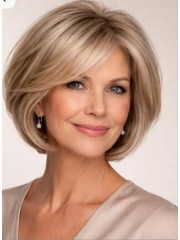 Champagner-Beigeblonde Gestufte Bob Echthaarperücke für Damen mit dunklerem Ansatz und Lace Front