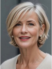 Perl-Silberblonde Gestufte Bob Echthaarperücke für Damen mit Seitenpony und Lace Front