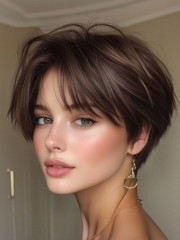 Kurzhaar Perücke aus Echthaar – Modische Mechanische Kappenlos Perücke mit Pony, Braun