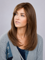 Damen Remy-Echthaarperücke langer Stufenschnitt 16 Zoll – Haselnussbraun mit Karamell-Highlights – Lace Front – glatt