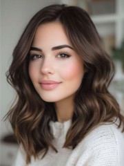 Echthaar Perücke maschinell gefertigt – Schulterlanges Wellenhaar in Dunkelbraun für Damen