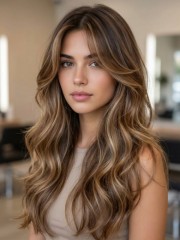 24 Zoll Haselnussbraune Gestufte Langhaar Echthaarperücke für Damen mit Karamellblonden Balayage-Highlights und Curtain Bangs –  KappenlosGefertigt