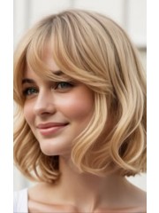 12 Zoll Honig-Beigeblonde Gestufte Bob-Lob Echthaarperücke für Damen mit Curtain Bangs und Lace Front