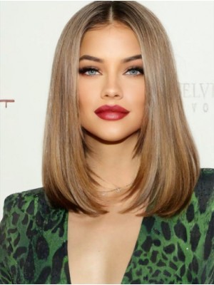  Mittellange glatte Lace Front Perücke in Goldbraun – Echthaar Bob mit Mittelscheitel für Damen