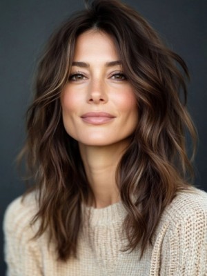  Echthaar Perücke Damen – Mittelbraune Lange Wellen mit Stufen – Natürlich Look, Maschinengeknüpft