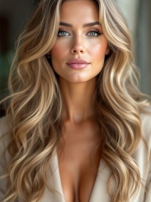 Lange Echthaar Perücke Damen – Natürlich Blond mit Mittelscheitel – Handgeknüpft auf Lace – Weiche, Voluminöse Wellen – Realistischer Haaransatz