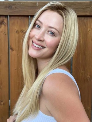 Front Lace Echthaar Perücke Damen – Natürlich Blond, Gerade, Realistischer Haaransatz, Weich & Glänzend, Hitzebeständig, Alltag & Styling geeignet