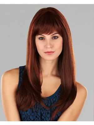 Echthaar Perücke Damen – Maschinengefertigt, Lang & Glatt mit Pony, Rotbraun, Natürlich Fallend, Weich & Realistisch für Alltag & Event