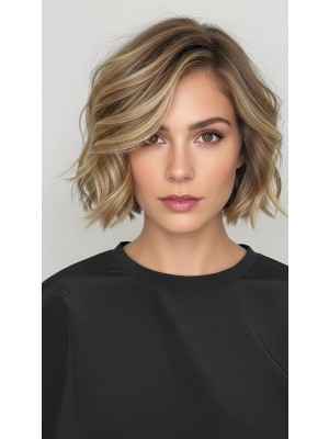 Echthaar Perücke Damen – Maschinengefertigt, Kurzer Welliger Bob, Balayage Blond, Natürliches Volumen, Weich & Realistisch für Alltag & Styling