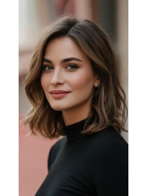 Echthaar Perücke Damen – Maschinengefertigt, Mittellanger Bob mit Seitenscheitel, Natürlich Gewellt, Braun, Weich & Realistisch für Alltag & Eleganten Look